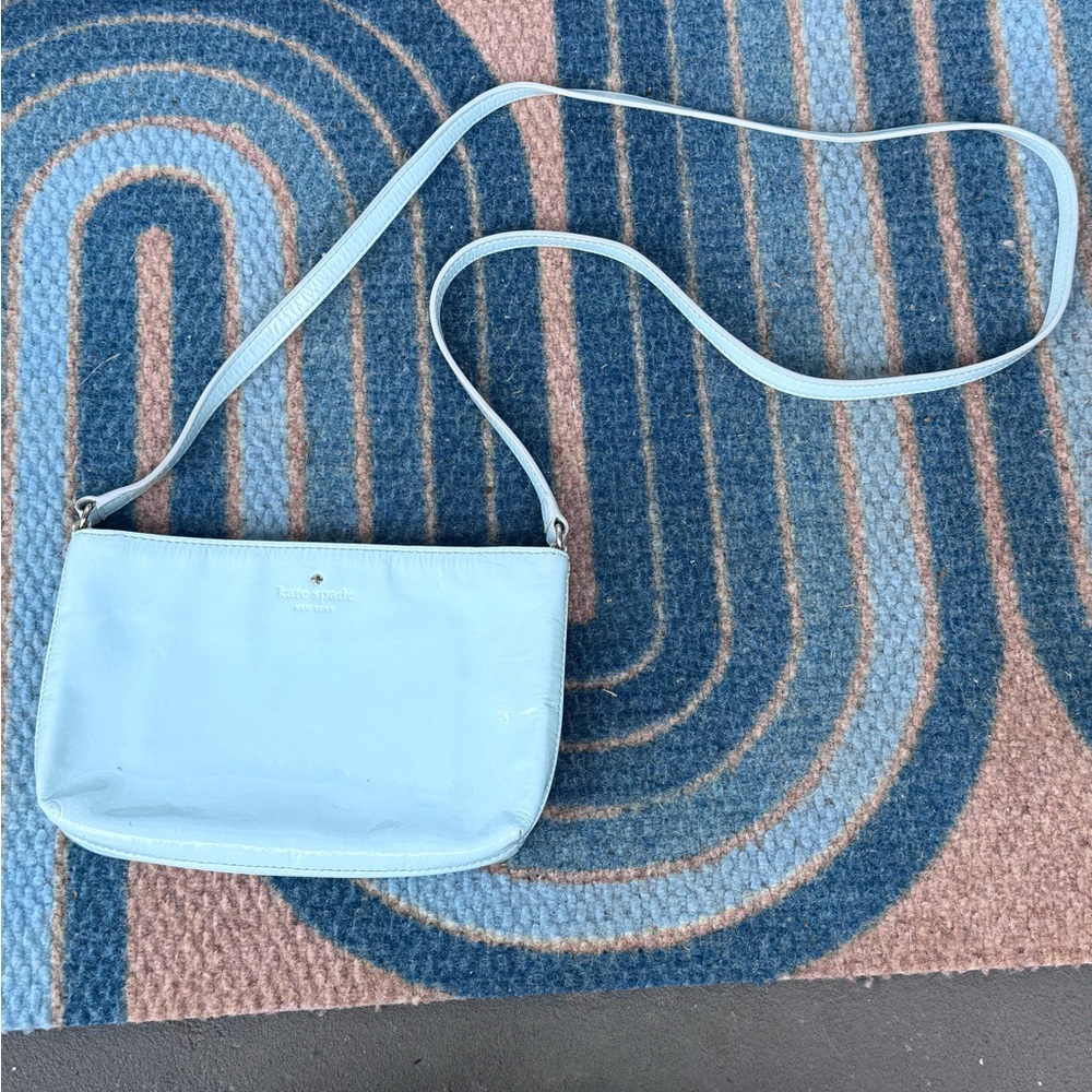 Kate Spade Light Blue Patent Leather Crossbody Bag Zippered Robin’s Egg Mint